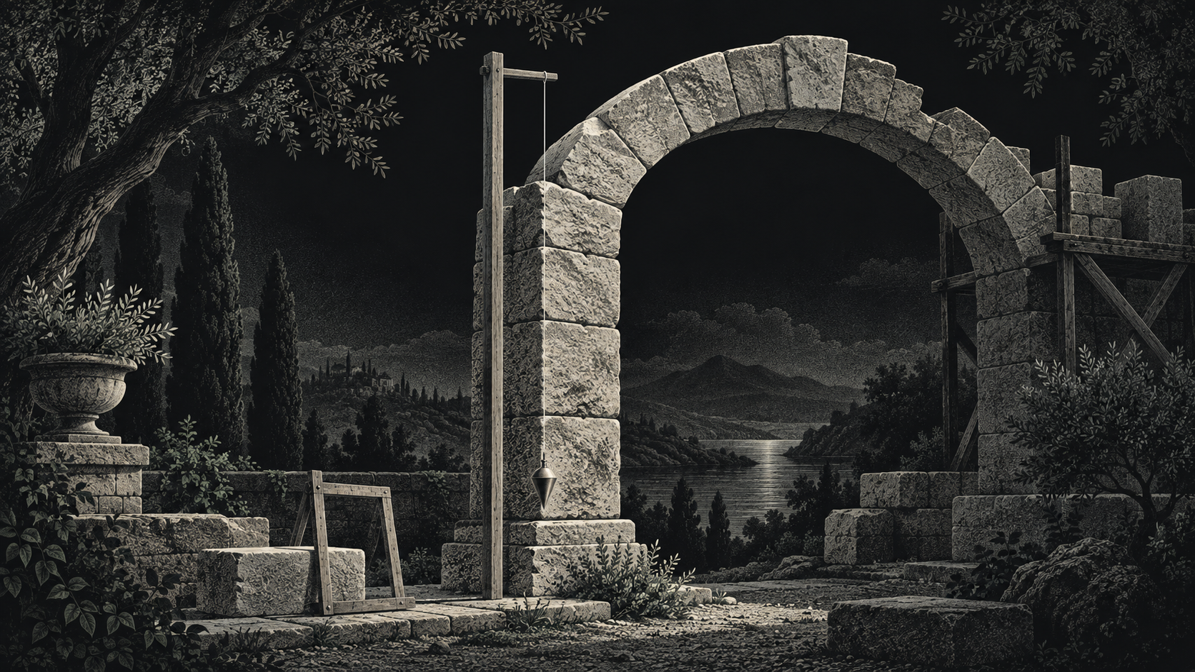 A plumb line beside a stone arch makes the arch's alignment visible against a fixed reference.