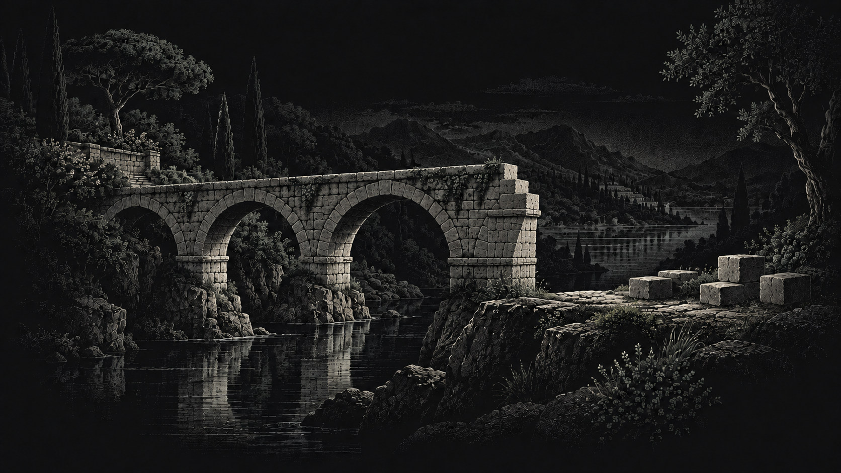 An engraved stone bridge takes shape above a quiet river, with loose blocks ready to extend its arches into the surrounding garden.